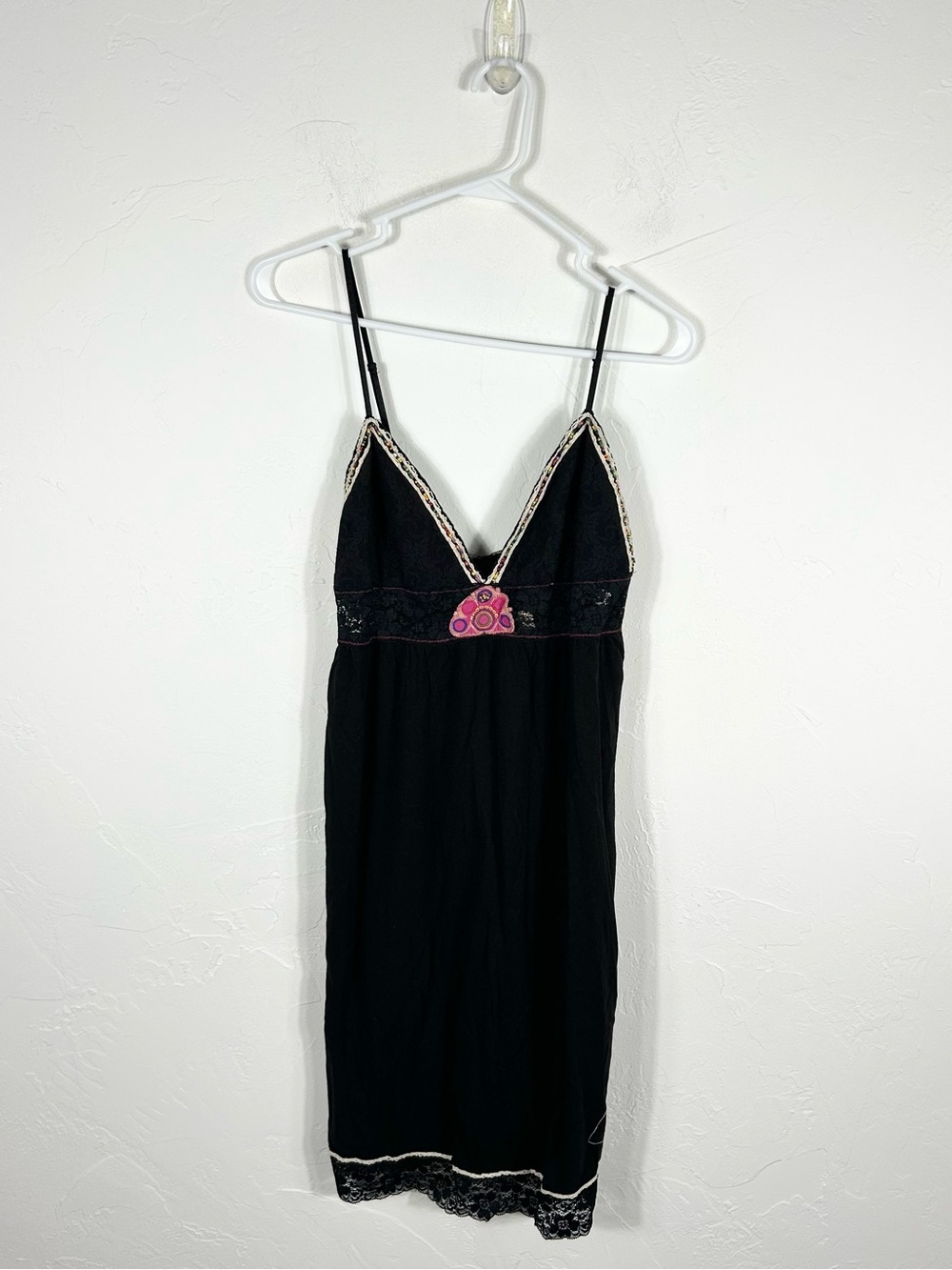 VTG Intimately Free People Black Lace Trim Embroidered Boho Slip Dress L Y2K